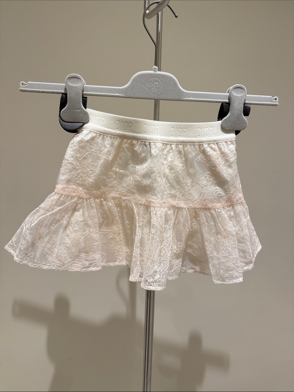 Dior Cream Lace Ruffle Skirt with Pink Trim